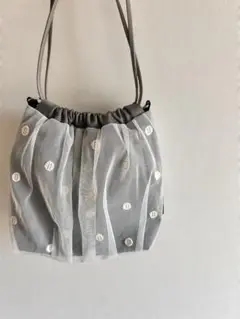 ミニ巾着　チュール　巾着バッグ　グレー