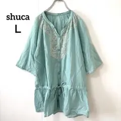 シュカ【Ｌ】5分袖シャツ 刺繍 チュニック丈 ウエストマーク リボン 綿100%