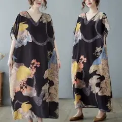 【新作】ロングワンピース 和柄 着物風 黒色 和風 半袖 マキシ丈 夏 浴衣風