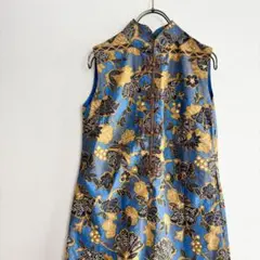 総柄 ボタニカル ハンドメイド チャイナ服 膝丈ワンピース マオカラー 青