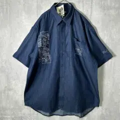 デッドストック デニム 刺繍 シャツ 半袖 インディゴ L