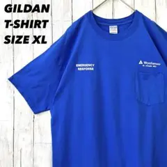アメリカ古着　GILDAN ポケット付きプリントTシャツ　サイズXL ブルー　青