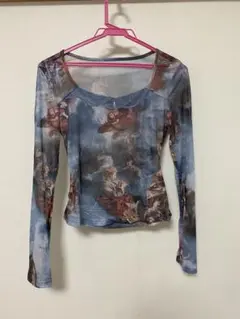 【新品】Mサイズ 美術プリント長袖トップス バロック アート 絵画 シアー