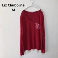 【Liz Claiborne】レッド Vネック 長袖Tシャツ ポケット付【M】