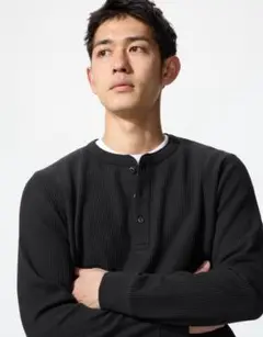 ユニクロ　ワッフルヘンリーネックTシャツ　ブラック　黒　4XL