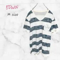 EDWIN Tシャツ ボーダー ホワイト×ネイビー Mサイズ 送料無料 古着