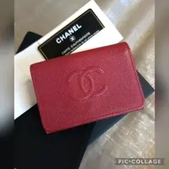 CHANEL 極美品 キャビアスキン ココステッチ コンパクトウォレット
