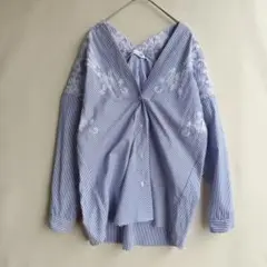 未使用　アンドドットノスタルジア　ブラウス　ストライプ　シャツ　刺繍　ブルー　M