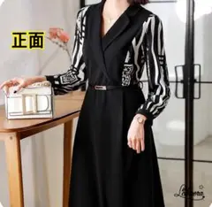 XL【新品】秋春夏　長袖　モード系　モノトーン　Vネック　ゆったり　ミモレ丈
