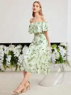 MOTF PREMIUM 花柄ワンピース ウーブン生地 ショルダーオフ ラッフル