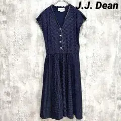 【J.J. Dean】水玉模様 ドット柄 半袖ワンピース ネイビー Aライン