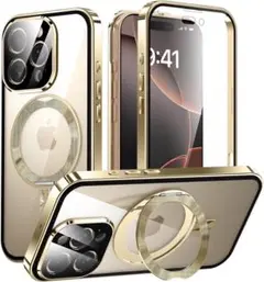 iPhone 16Pro Maxゴールドクリアケース 360度回転スタンド