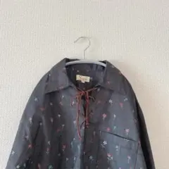 古着 ブラウス シャツ ペイント レースアップ 花柄 フラワー レトロ 総柄