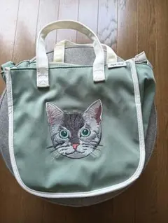 猫刺繍 ミントグリーン バッグ
