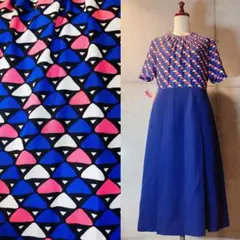 70s 昭和レトロ　三角 ステンドグラス調 幾何学模様 半袖ひざ丈ワンピース