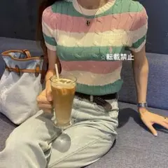 【レアカラー】ラルフローレン ♡半袖ケーブルコットンニット　パステルカラー