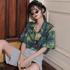 韓国 ユニセックス 柄シャツ グリーン シャツ 半袖 花柄 2XL