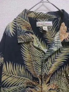 【Tommy Bahama】90s 100%シルク 黒アロハシャツ L ネイビー