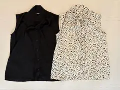 UNIQLO ノースリーブ　タイ　ブラウス　ブラック　ダルメシアン