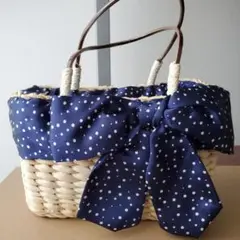 【期間限定出品】ネイビーのリボンがかわいい! かごバッグ