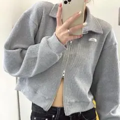【24時間以内発送】 SHEENA 襟付きワッフルZIPトップス グレー