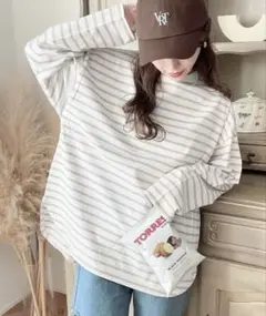 綿100％無地＆ボーダー.オーバーサイズロングスリーブTシャツ ベージュ