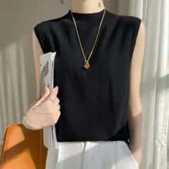 ブラック ノースリーブニット ノースリーブ サマーニット　上品 高級　カシミヤ風