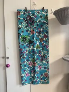 青色 花柄 綿生地