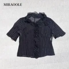 美品　フリルカラーブラウス(40)シアー　レイヤード　ストライプ　オフィス　上品