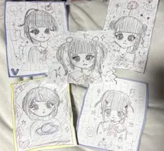 萌え絵　5枚セット　手書き　イラスト　かわいい　女の子