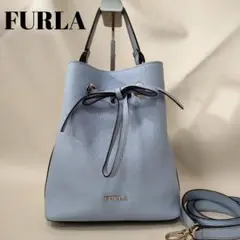 FURLA/フルラ コスタンザくすみブルー巾着シボ革ハンドバッグショルダーバッグ