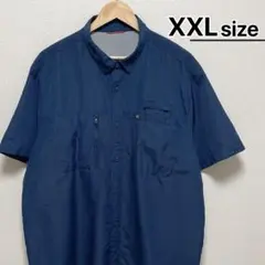 USA古着　アウトドアシャツ　半袖　XXL　ネイビー　紺　無地　ダブルポケット