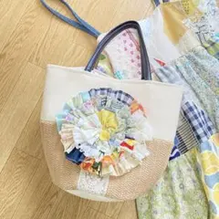 パッチワーク☆バケツ型トートバッグ　フラワーバッグ　キャンバス