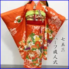 207mw24■七五三 七歳 女児 着物&袋帯 金駒刺繍 牡丹 菊■状態良好