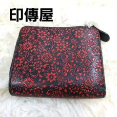 印傳屋 INDENYA 花柄 二つ折り財布 赤