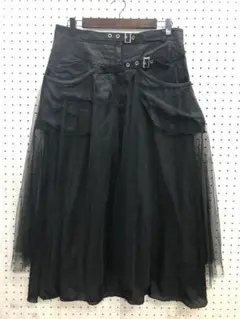 ゴス モード ガーリー古着 チュールレイヤード ベルト装飾 シアーロングスカート