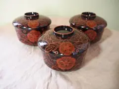 古道具を暮らしに。時代物 吉野塗 扶養手 蓋付 向付 3客セット 漆器椀 古道具を暮らしに。時代物 吉野塗 扶養手 蓋付 向付 3客セット