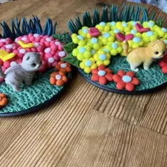 猫と花の立体オブジェ