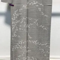 D446 夏着物　訪問着　萩　刺繍　銀通し　グレー　絽　正絹　極美品