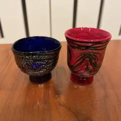 【レトロ】青と赤のガラスカップ（お猪口）セット