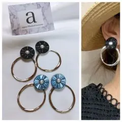 2257-4 2way☺︎ブラックとパールのシェル風ピアス×シルバーフープ☺︎