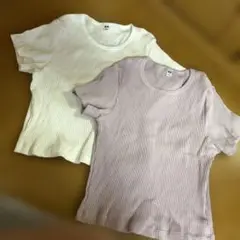 リブ編み 半袖Tシャツ 2枚セット ホワイト ラベンダー