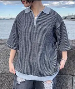 【Snap club】配色ハーフジップワッフルニットポロシャツ
