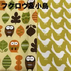 フクロウと小鳥のデザイン生地ハギレセット　ベージュ・オレンジ・グリーン　オックス