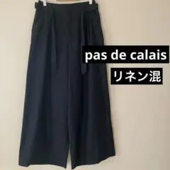 パドカレ　リネン混タック入りワイドパンツ　ブラック　コットン　36 リボンベルト