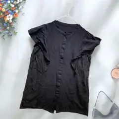 《Re:EDIT》 ノースリーブフリル袖黒シャツ M ブラック リネン 清涼素材