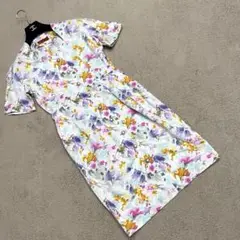 美品　ウンガロ　半袖ワンピース　花柄　総柄　ボタン　ホワイト　サイズ9