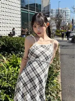 GRL リボンバイアスチェック柄マキシワンピース[gn441]