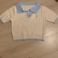 リブ編み 半袖クロップドポロシャツ ホワイト/ライトブルー SHEIN