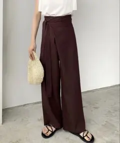 ラップリネン混ワイドパンツ　Sサイズ　ダークブラウン